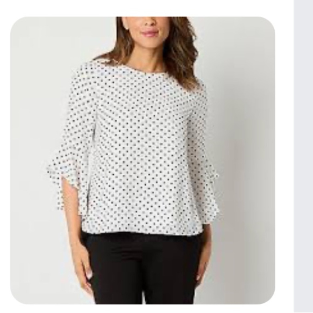 Evan Picone White Blouse‎ with Black Polka Dots